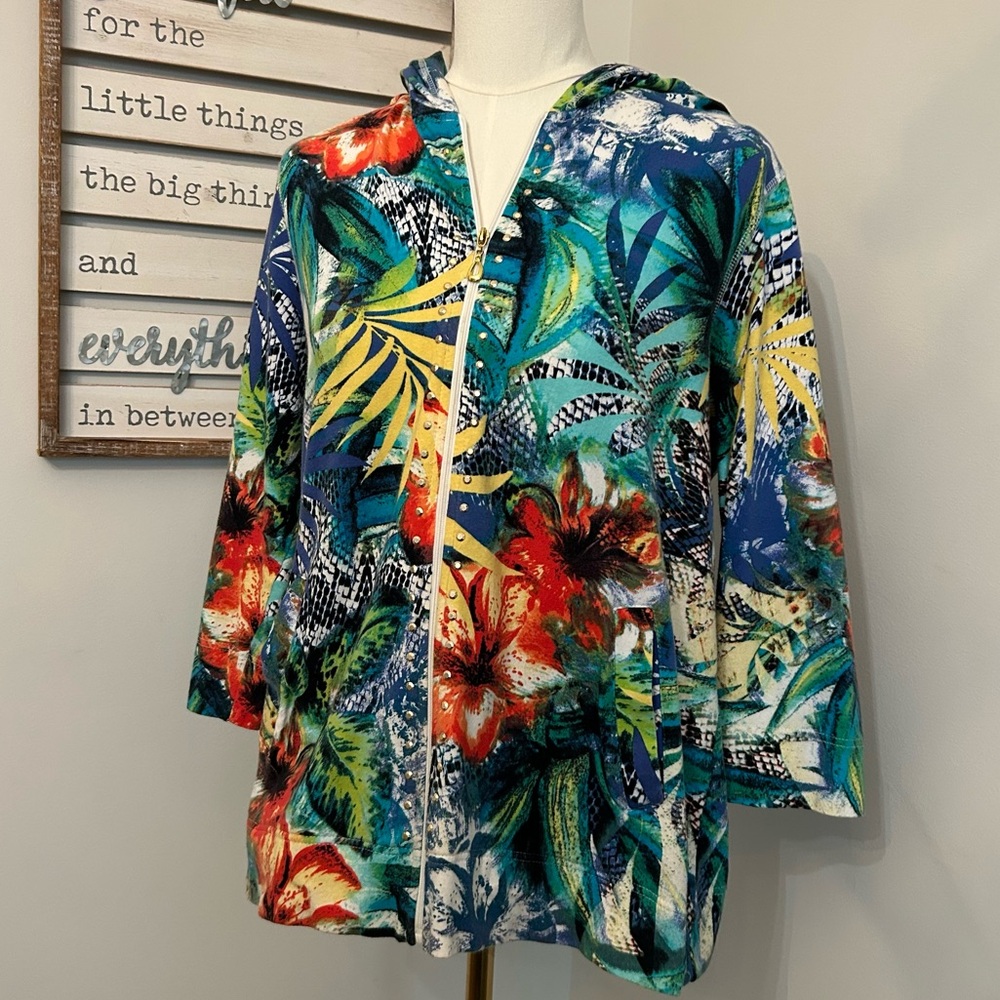 Onque Graphic Zip up Hoodie Fun Colorful Long Sleeve with metal accents Size XL - Picture 2 of 12